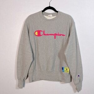 Champion Reverse Weave Unisex Heather Gray Crewneck Pink Logo size Medium